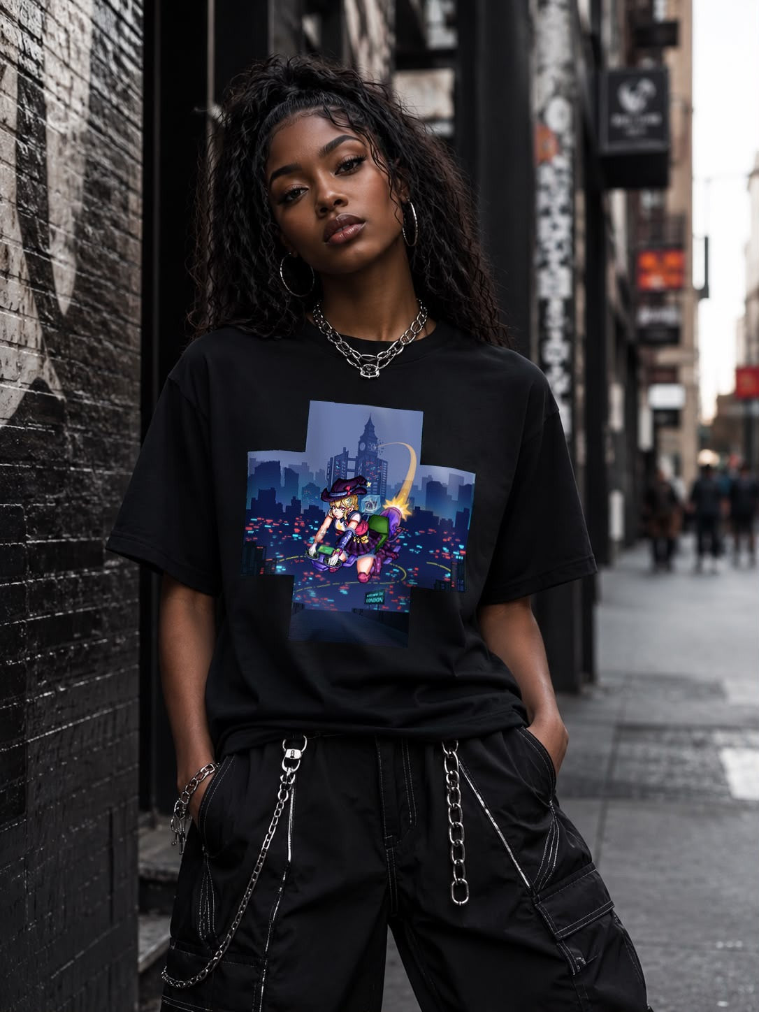 Cyberpunk Anime Witch Graphic Tee | Queen's Crown | Welcome to London | Oversized Drop Shoulder Streetwear