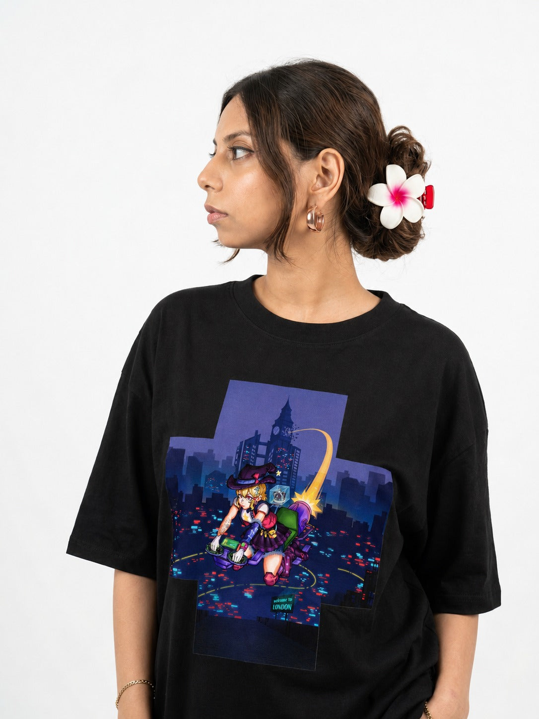Cyberpunk Anime Witch Graphic Tee | Queen's Crown | Welcome to London | Oversized Drop Shoulder Streetwear